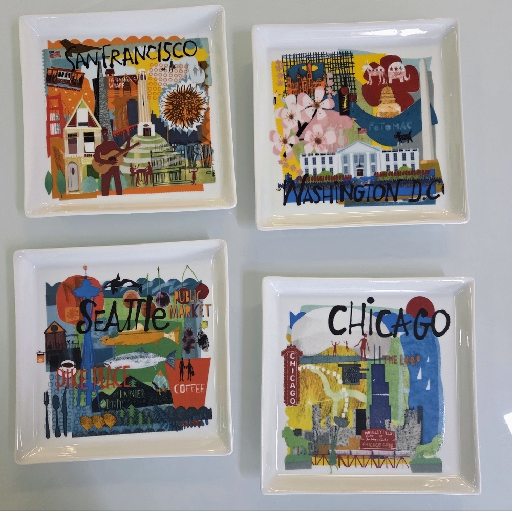 CRATE & BARREL Square Road Trip Plates 5.75" Set of 6